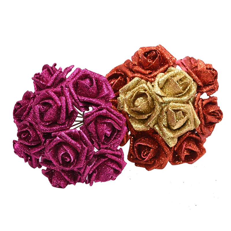 10 pcs/lot Glitter Foam Rose Artificial Flowers Bouquet for Home Wedding Party Decoration Fake Rose Flower DIY Christmas Wreath