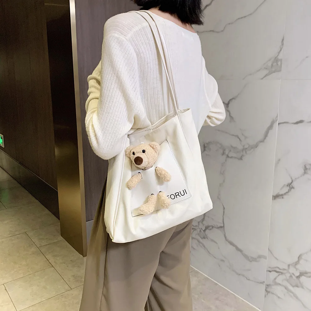 Sac à main en toile pour femmes, fourre-tout à la mode, décor de poupée d'ours, sac à bandoulière mignon, sac à poignée supérieure pour dames filles, Shopping quotidien
