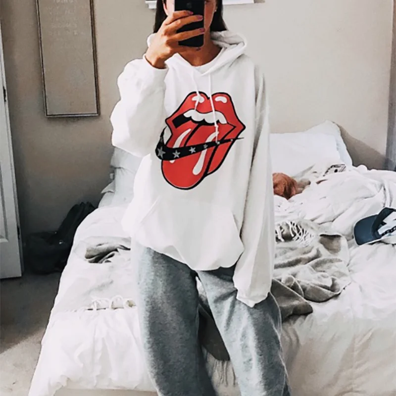 

Women's Sweatshirt Fashion Long Sleeve Loose Hoodie Big Mouth Five-Pointed Star printing Pattern Sweatershirt 2019 New White
