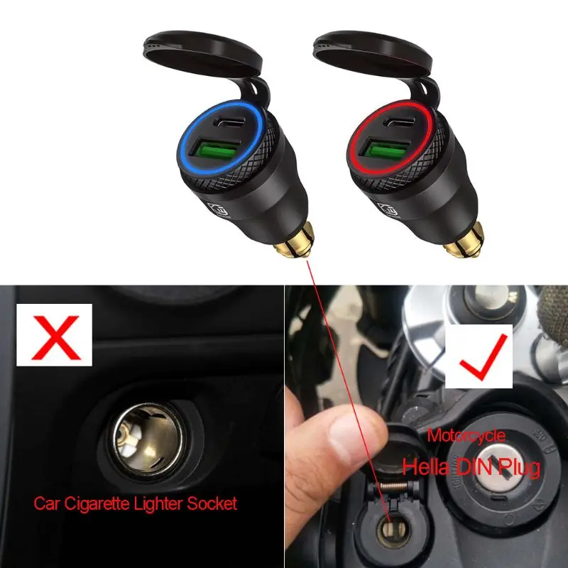 

Waterproof Motorbike 12V 24V QC3.0 USB Type C PD Fast Charger Power Adapter Hella DIN Plug Socket for BMW Ducati Triumph Motorcy