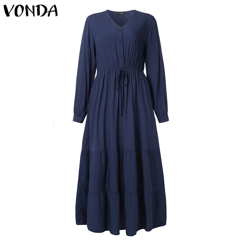 VONDA, осень, длинное платье макси, сексуальное, v-образный вырез, длинный рукав, сплошной цвет, для беременных, платья для вечеринок, богемный стиль, платья для беременных