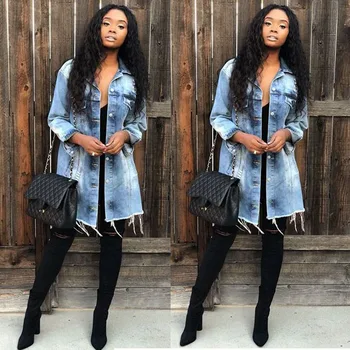 

Women Loose Basic Coats Autumn Oversize Bomber Streetwear Long Single-breasted Ripped Tassel Frayed Denim Jacket