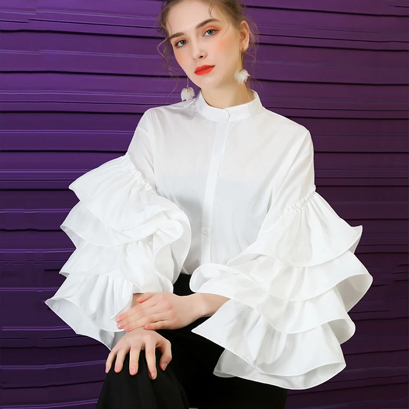 

LANMREM 2020 new spring and summer stand collar ruffles flare sleeves single breasted shirt female blouse WL21001L
