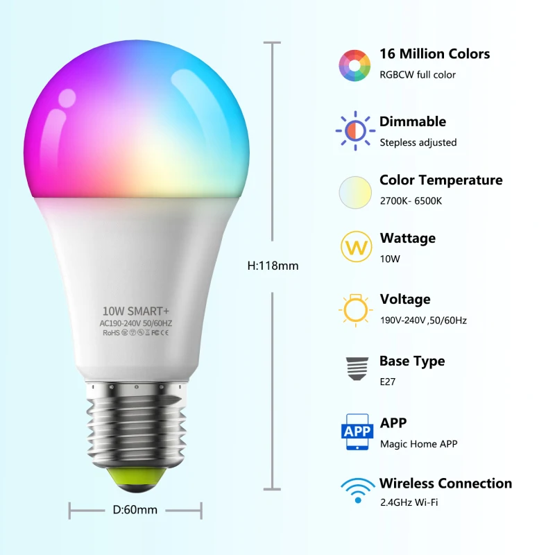 10W LED Light Bulbs AC190-240V E27 WiFi+BLE Smart RGB Bulb Dimmable With Magic Home Pro App Control Via Alexa Google Home smart led light bulbs
