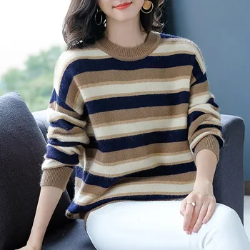 

Vintage Striped Women Sweaters,2019 Autumn Fashion O-neck Casual Female Tops Streetwear Korea Loose Femme Sweaters 1023-95