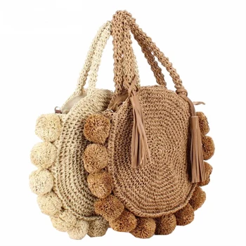 

Vintage Round Straw Beach Bag Handmade Woven Shoulder Bags Raffia Ball Circle Rattan Tassel Bags Bohemian Summer Vacation Ins