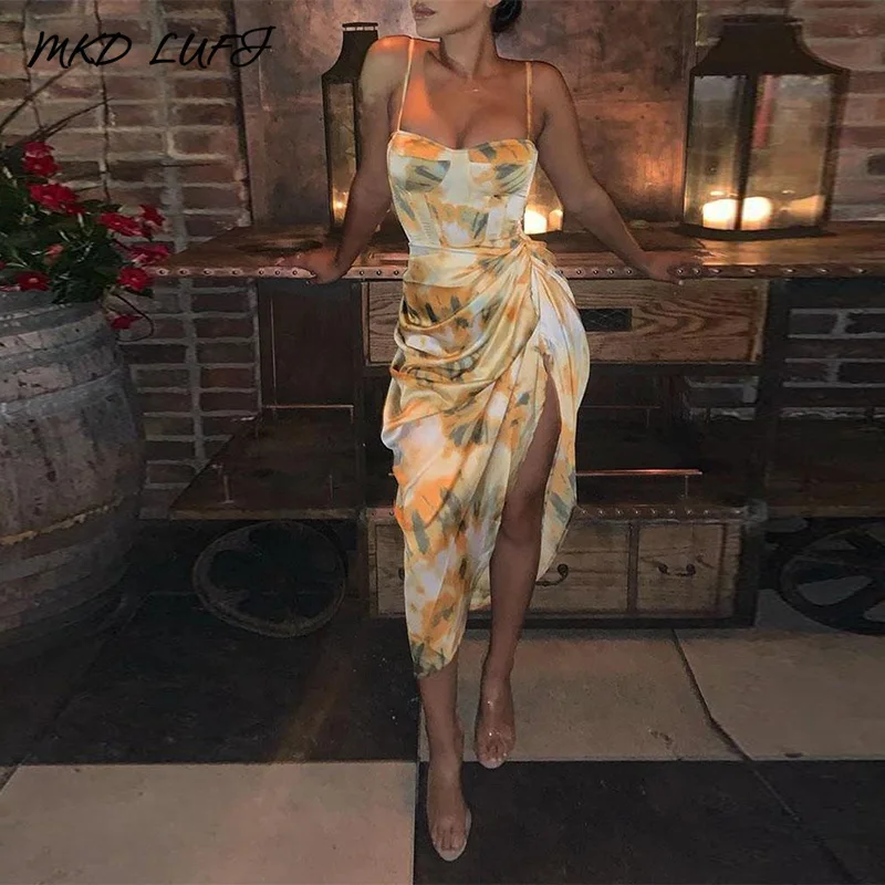 Abstract Print Spaghetti Strap High Slit Ruched Dress Women Sexy Mid Party Club Dress