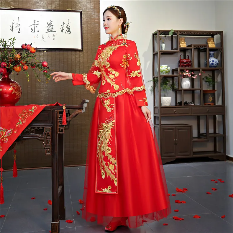 Китайский стиль свадебное платье вышивка Cheongsam элегантный тост костюмы за рубежом традиционные невесты Qipao платья для женщин