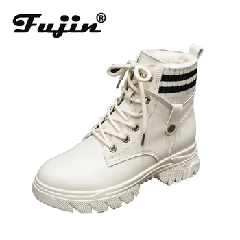 

Fujin Women Winter Boots Fashion Plush Keep Warm Round Toe Hoof Heels Breathable Platform Leisure Thick Bottom Women Short Boots