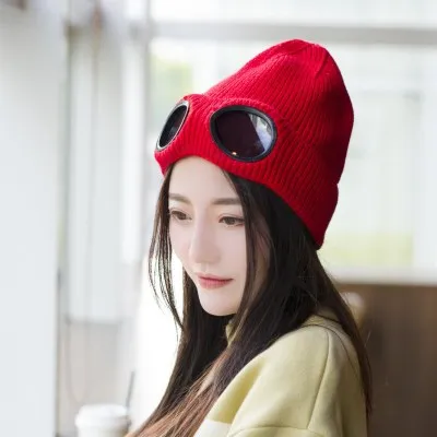 

2019 Winter women knitted hip hop beanie with goggle decoration female Pilot Style Skull Cap Hat H2