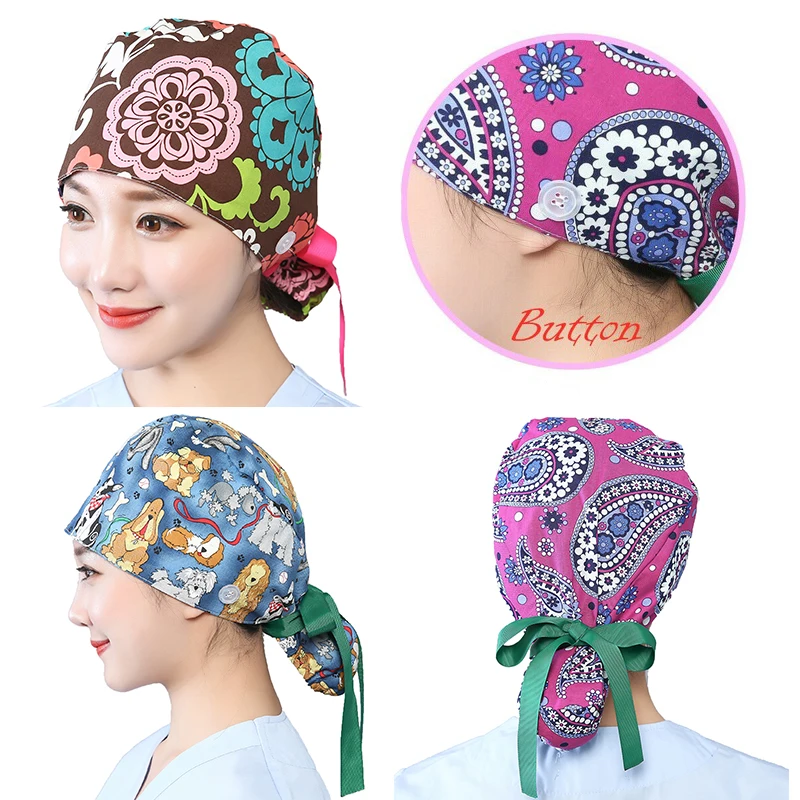 

Women Scrub Hats Working Caps Printed Unisex Cotton Head Wear Reuseable Bandage Hats Beauty Salon Pet Grooming Tieback Work Cap