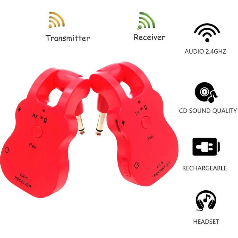 For Electric Guitars Bass Red Guitar Pickup 2.4GHZ Wireless Built-in Rechargeable Plug-and-play Digital Transmitter Receiver
