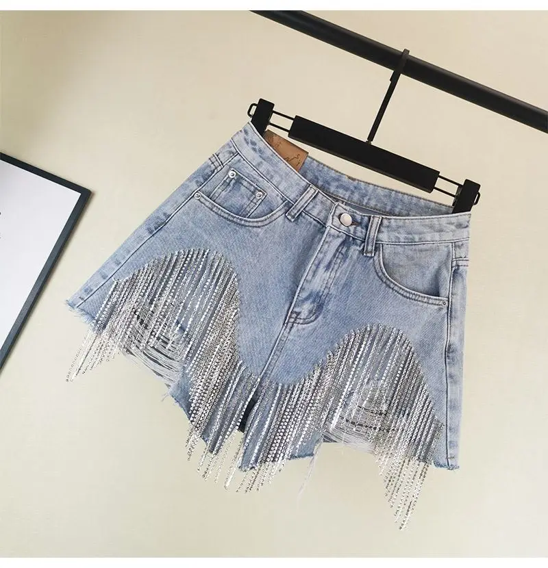 2020 Spring Summer Rhinestone Heavy Tassels Nail Diamond Beads High Waist Blue Denim Shorts Women Wide Leg Ripped Jeans Shorts