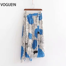 VOGUEIN Новая Женская Ретро с цветами и листьями печати синяя Асимметричная Сторона Сплит миди юбка