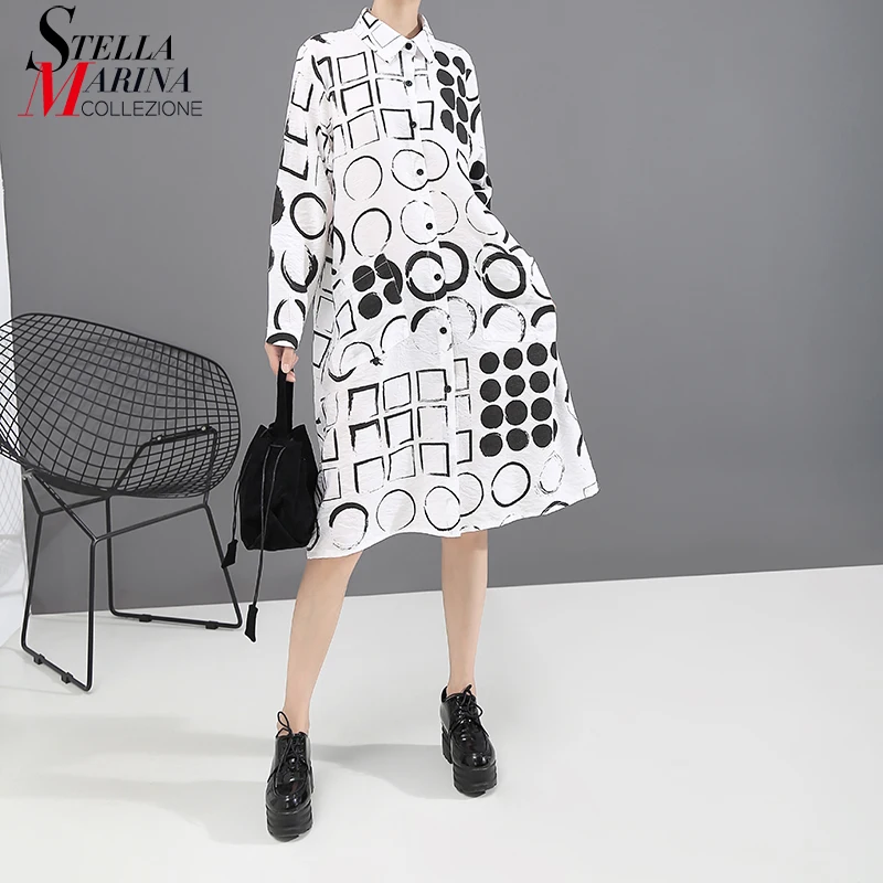 

* New Women 2019 Stylish Autumn Winter Shirt Dress Long Sleeve Geometrical Dot Printed Lady Casual Midi Dress Style Vestido 5456