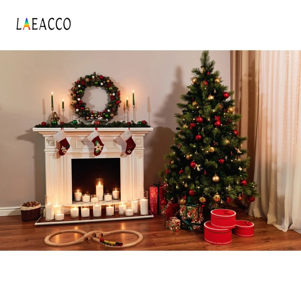 

Laeacco Christmas Pine Fireplace Candle Gift Baby Photography Backgrounds Customized Photographic Backdrops For Photo Studio