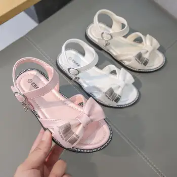 

Summer kids beach sandals for girls 2020 cute princess bow shoes students soft bottom pink and white size 26-36