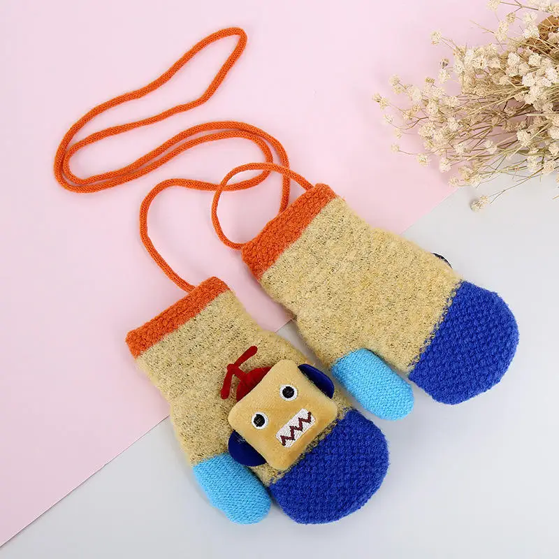 Wecute Cute Cartoon Robot Baby Gloves Winter Wool Plus Thick Full Rope Finger Mittens Warm Knitted Gloves for Kids Boys Girls