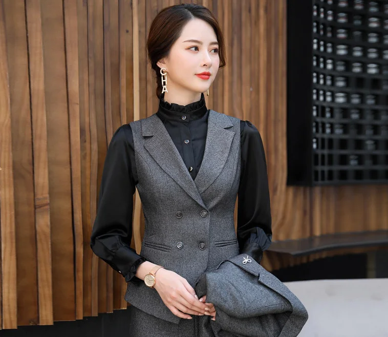 gray Vest Temperament fashion professional Women suit OL Office Lady suit Business interview suit set Slim fit Blazer and pants - Цвет: gray Vest