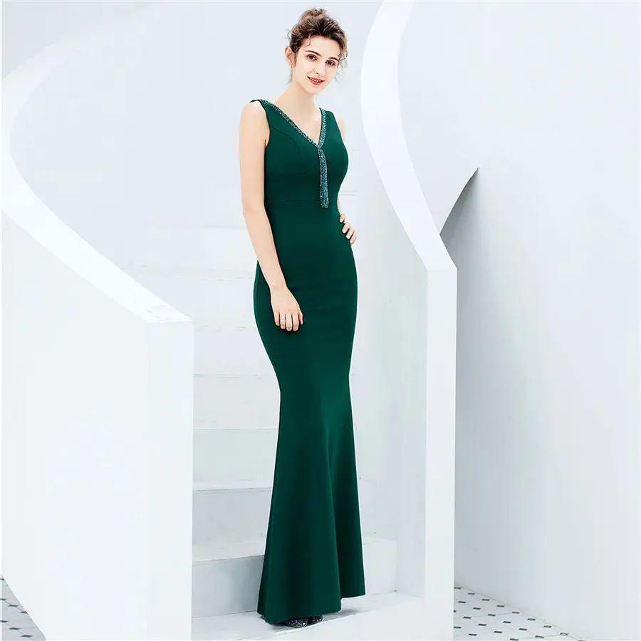 

Dark Green Evening Dresses It's Yiiya DX273 V-Neck Beading Mermaid Evening Dress 2020 Plus Size Sleeveless Long Robe De Soiree