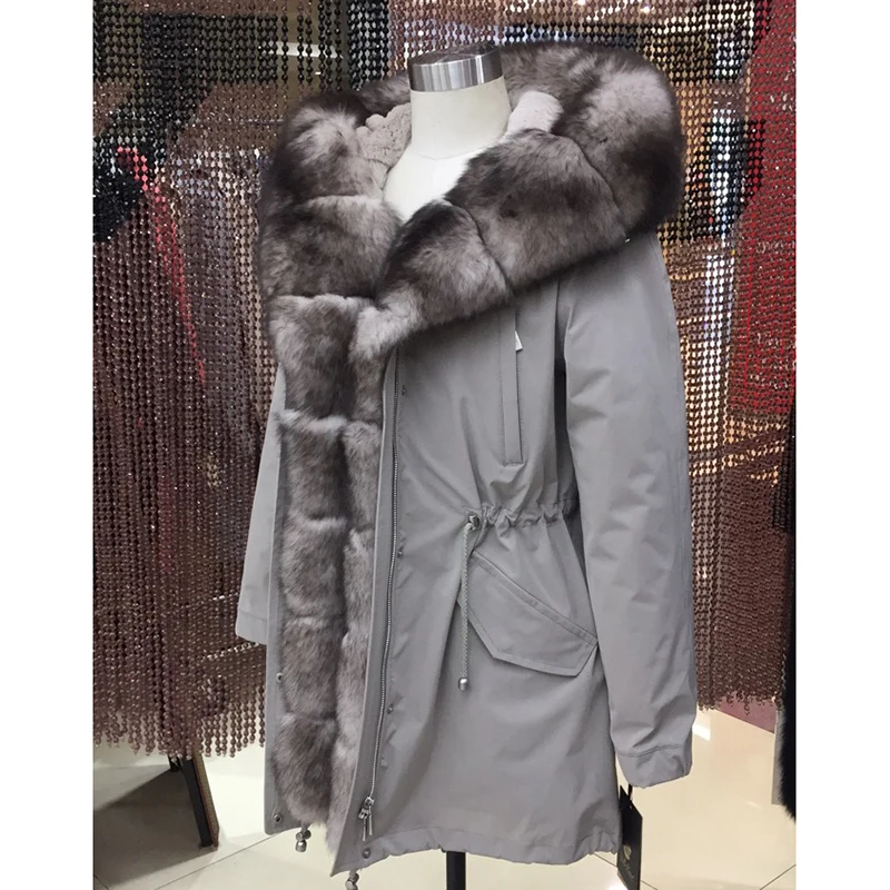 Женская зимняя парка пальто куртка лиса енот съёмная подклдка кролика с капюшоном классический 82 см Длина качество ткань супер 17005 D08