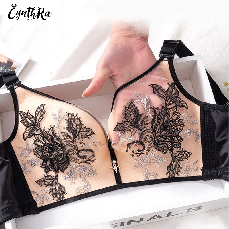 CYNTHRA Underwear Women's Sexy Large Size Exquisite Embroidered Without Underwire Gathered Push Up Adjustable Thin Lingerie