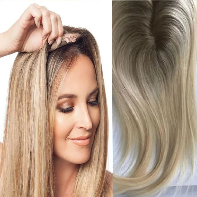 

16inch Mono Lace Hair Topper Wig Clip In Toupee Hair For Women Virgin Remy Human Piece ombre Blonde Color 9*15cm Free Part