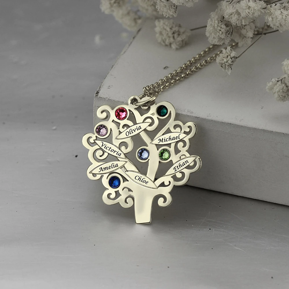 

StrollGirl 925 Sterling Silver Custom Family Team Tree of Life Engravable Name and Birthstone Pendant Necklace DIY Jewelry Gifts