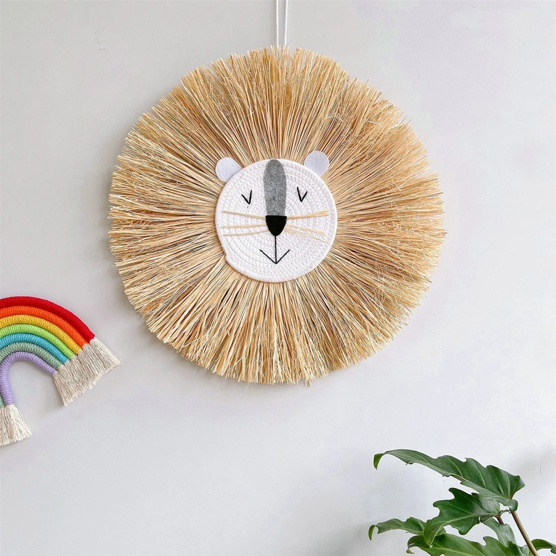 

Nordic Hand Woven Cartoon Lion Hanging Decorations Kids Room Wall Home Accessory Cotton Thread Weaving Animal Head Ornament