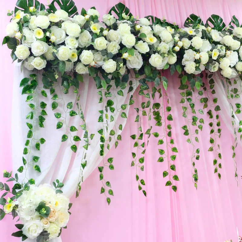 JAROWN Artificial Fake Flower White Rose Turtle Leaf Trailing Green Plant Flower Row Wedding Arch Decoration Home Party Decor Flores (6)