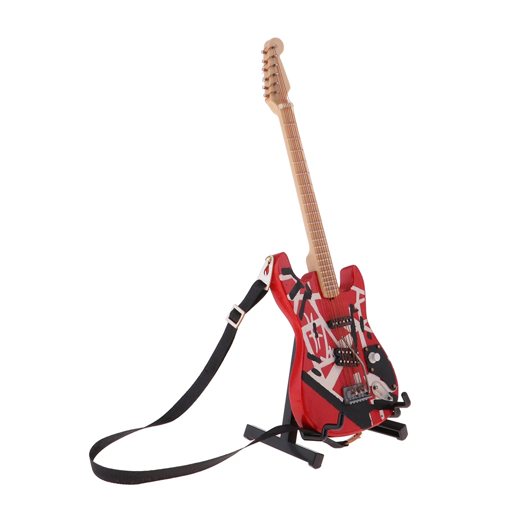 1/6 Wooden Guitar Model with Stand and Strap for BJD Dolls House Miniature Display Decor Red