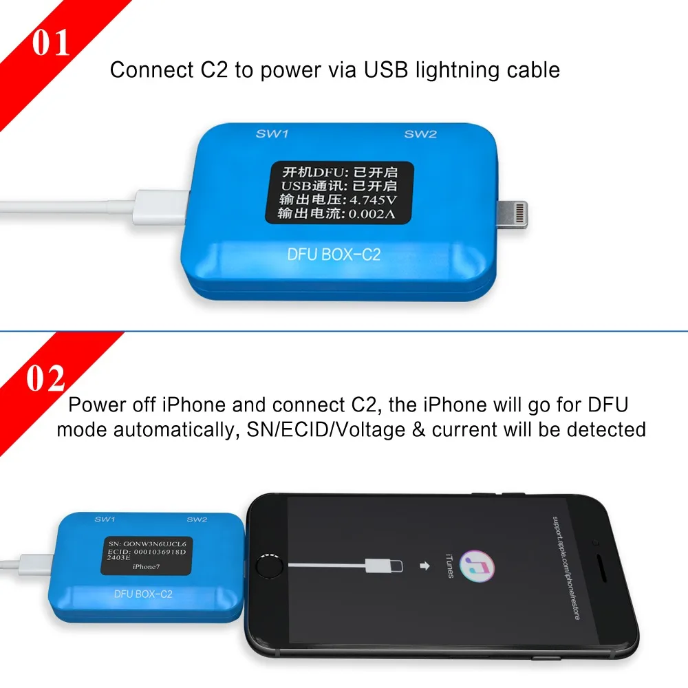 JC DFU BOX C2 для iPhone материнская плата восстановление перезагрузки IOS USB ток напряжение дисплей SN ECID модель считывание информации