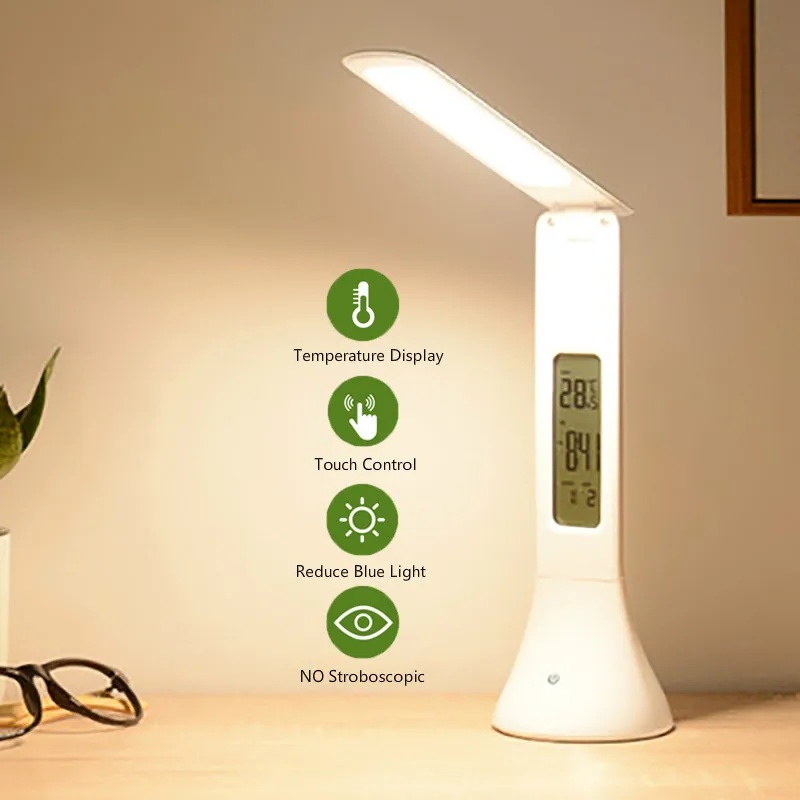 

2019 LED Desk Lamp Night Light Foldable Dimmable Touch Table Lamp with Calendar Temperature Alarm Clock Table Light Kids Gift