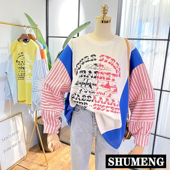

Korean-Style Stitching Hit Color Stripes Long Sleeve Sweatshirt New Autumn Women Printed Letter Loose Pullover Hoodie Casual Top