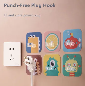 

5pcs Punch-free Plug Hook Cartoon Animal Wall Hanging Storage Multi-function Adhesive Power Cord Socket Hanger Home Storage Tool