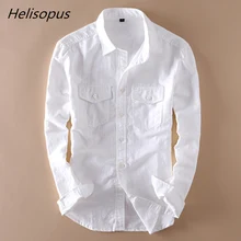 Мужские хлопковые льняные рубашки Helisopus с длинным рукавом, Повседневная белая рубашка с карманом, мужские классические рубашки из пеньки, Camisa Masculina