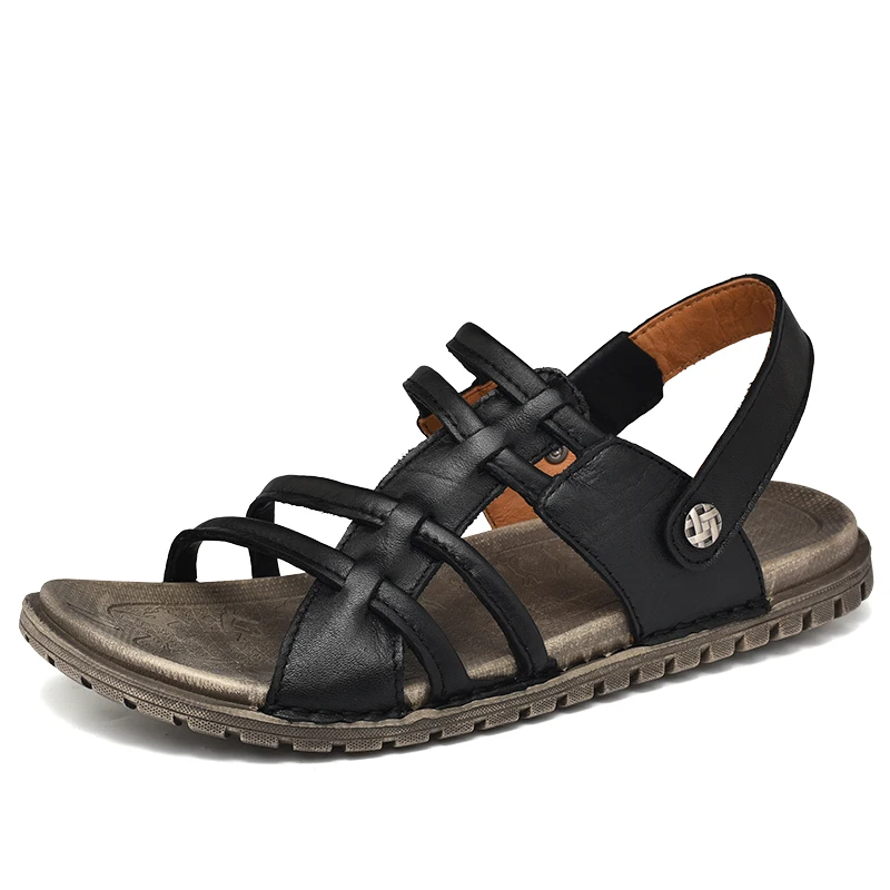 New Summer Genuine Leather Men Sandals Shoes Leisure Beach Men's Sandals High Quality Sandals Slippers Bohemia Sandals Shoes Men - Цвет: Черный