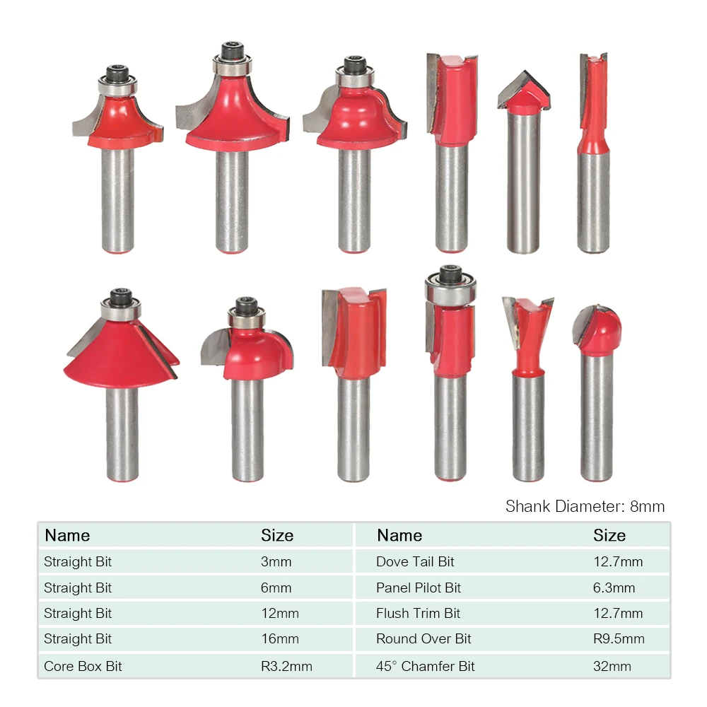

Hot New 12PCS Milling Cutter Router Bit Set 8mm Shank Mill Woodworking Wood Cutters Tool for Floor Handmade Engraving Cutting