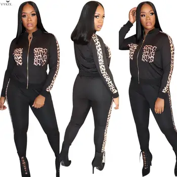 

2020 Winter Spring Tracksuit Women Set Full Sleeve Jackets+pants Suit Leopard Print Two Piece Set Night Sportwear Women Outfits