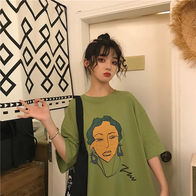 Авокадо зеленая футболка с коротким рукавом женская летняя новая Корейская версия дикой одежды ins tide network красное женское шифоновое свободное лоскутное платье с длинным рукавом