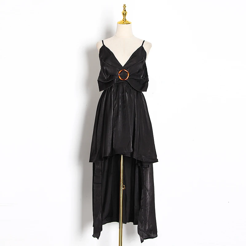 TWOTWINSTYLE винтажное лоскутное Сетчатое платье с бантом, женское асимметричное женское платье на бретельках с высокой талией, модная одежда - Цвет: black