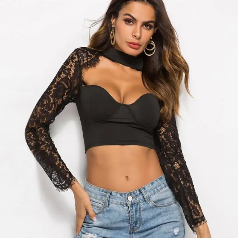 

Sexy Crop Women 2020 Lace Low-cut Long-sleeved High-neck Cropped White Corset Top Blouse Bottoming Fashion Ladies See Through