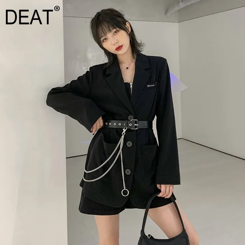 

DEAT 2020 New Spring Suit Collar Solid Color Single Breasted Mid-length Blazer Women Korea Slim Was Thin Temperament Coat PD634
