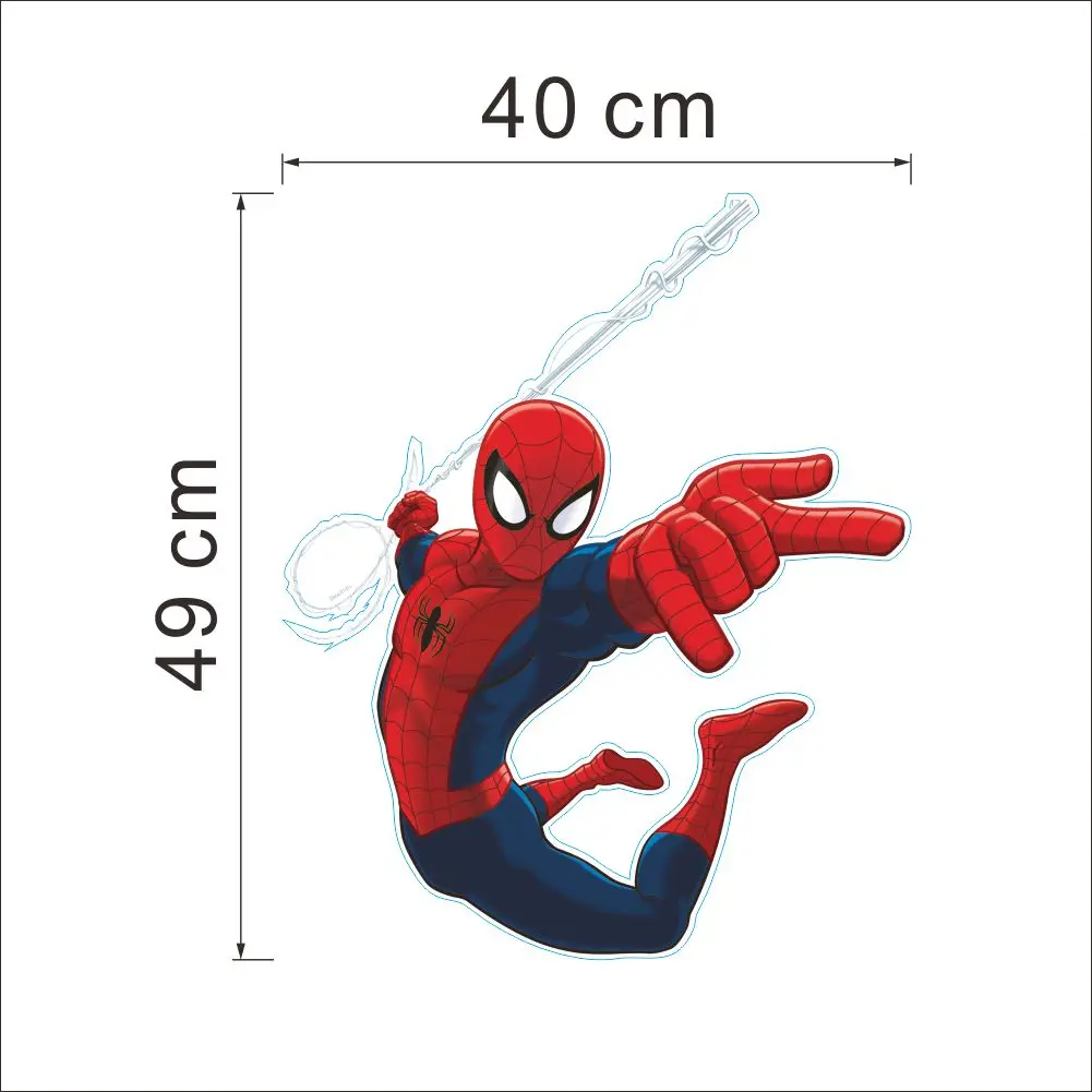 3D Spiderman wall sticker on a child’s bedroom wall, showing Spiderman in action pose bursting through the wall with vivid comic-style detail dimensions 054