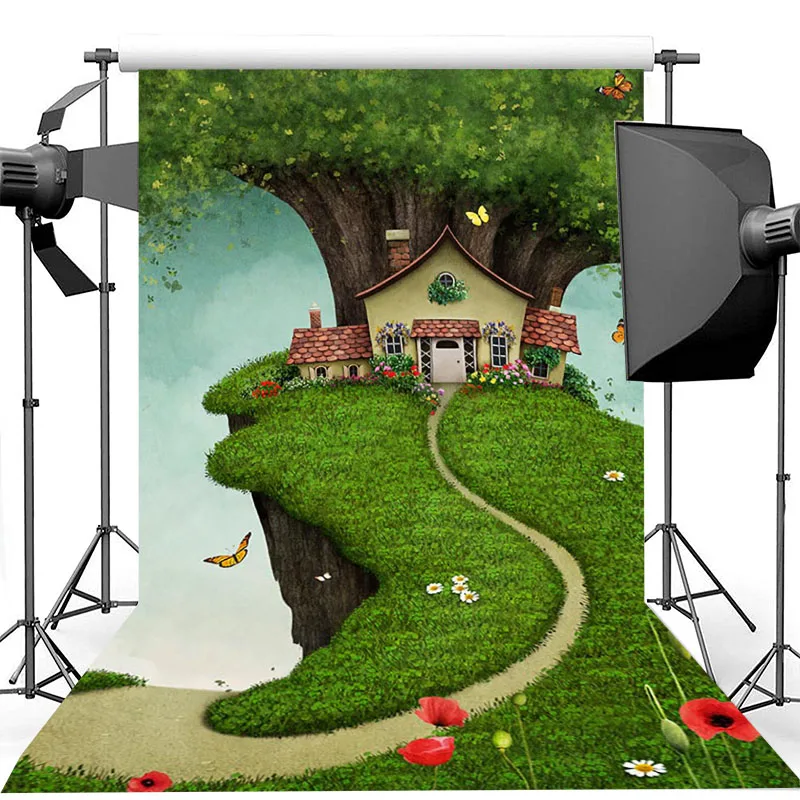 

Fairy Tree House Backdrop Green Lawn Flower Butterfly Children Birthday Photography Backdrops Newborn Baby Kids Photo Background