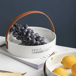 Living Nordic Leather Handle Tray In Living Room Creative White Simple Ceramic Tray for Snacks Candy Fruit Plate