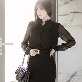 

Casual Fashion Wild Korean Style Chiffon Perspective Sexy Stand Collar Long Sleeve Shirt Black