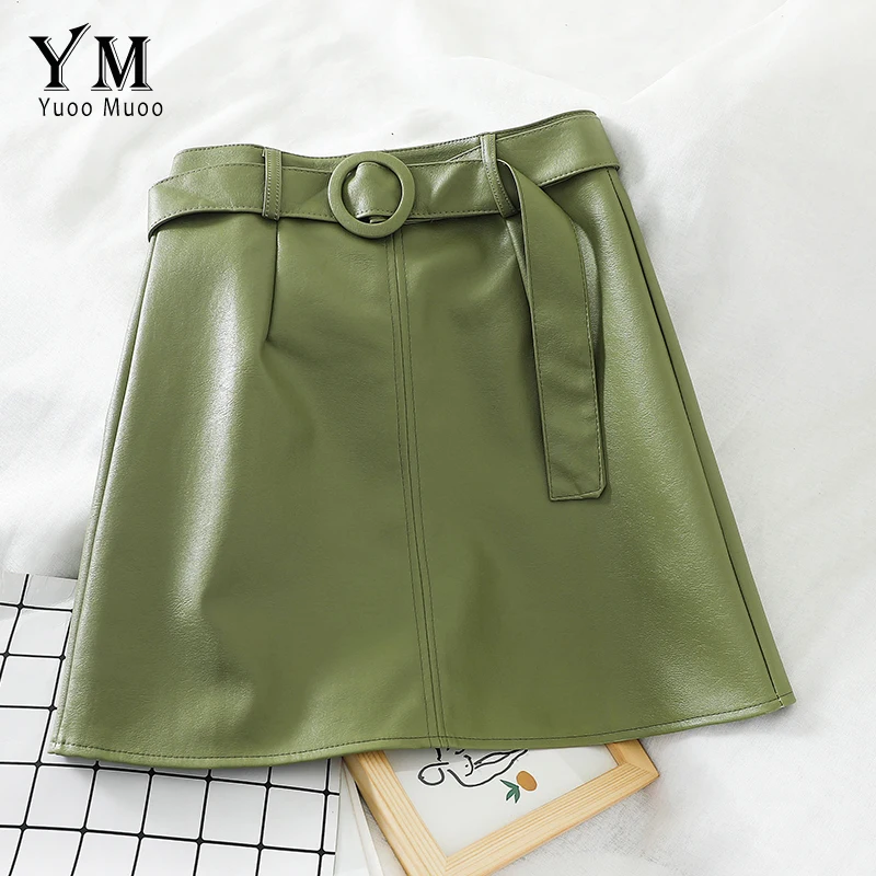 YuooMuoo Ins Мода элегантная юбка из искусственной кожи высокого пояса Женская Осенняя короткая юбка пуш-ап Корейская зеленая мини-юбка