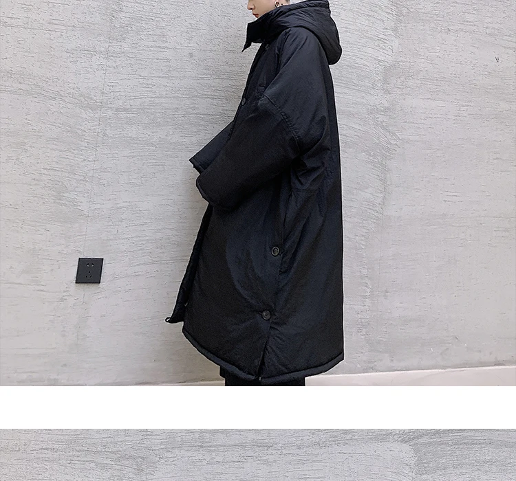 Men Winter Long Loose Hooded Parka Jacket Overcoat Male Japan Street Dark Black Cotton Padded Thick Coat Outerwear