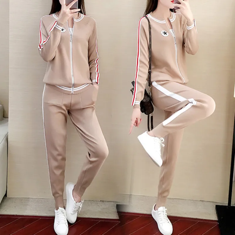 Autumn Winter New Pattern Women Fashion Round Collar Long Sleeves Loose Knitting Cardigan Top+Leisure Trousers motion Set